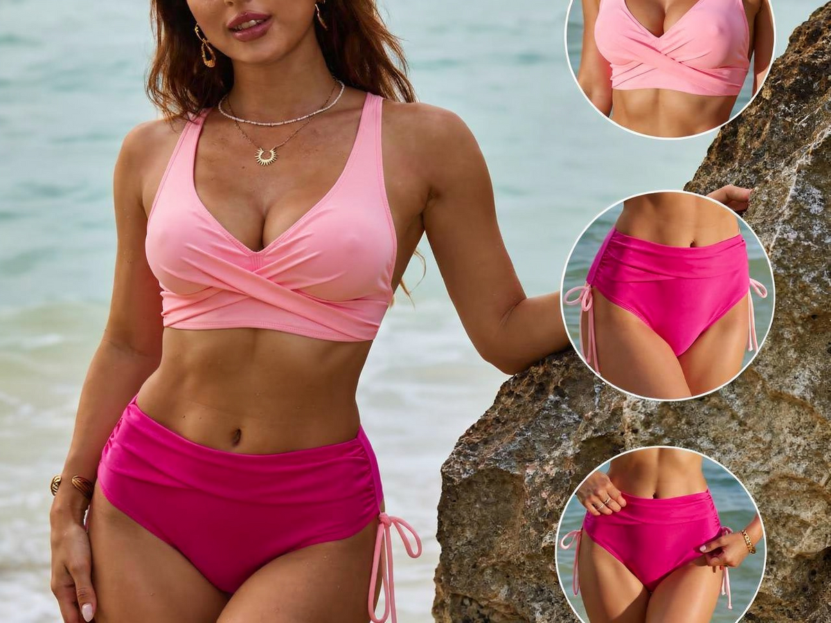 🔥¡Oferta exclusiva de temporada: 40% de descuento!💎Conjunto bikini de talle alto con detalle cruzado y diseño favorecedor.