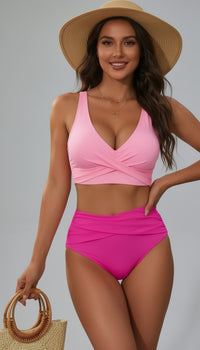 🔥¡Oferta exclusiva de temporada: 40% de descuento!💎Conjunto bikini de talle alto con detalle cruzado y diseño favorecedor.